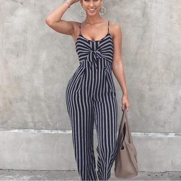 Pants - Striped Blue and White open back Jumpsuit